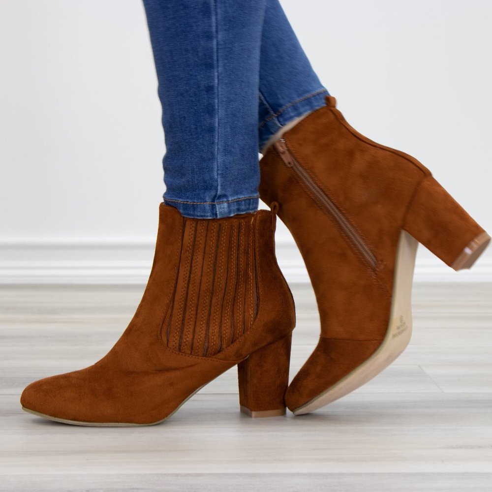 Vegan Suede Tan Bock Heel Ankle Bootie - Picture 6 of 8